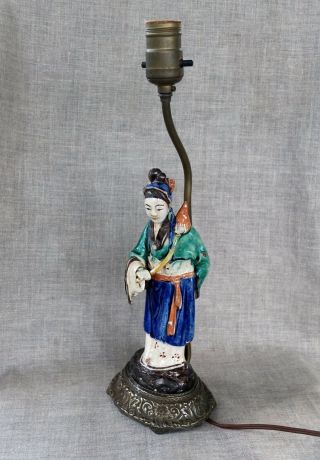 Vintage Figural Asiantable Lamp Figurine Oriental Woman With Lotus Flower