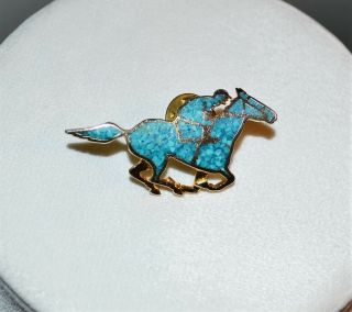 Jockey Horse Racing Pin Brooch Gold Tone & Turquoise Hat Lapel Pin Jewelry