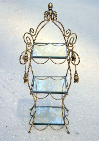 Vintage Glass Shelf 3 Tier Rope Tassel Hollywood Regency Gold Display Stand