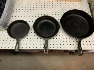 3 Cast Iron Skillet Wagner Ware Sidney O/ Misc Fry Pan Set.