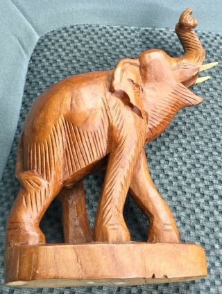Hand Carved Medium Brown Wood Wooden 9” Tall Elephant Figurine