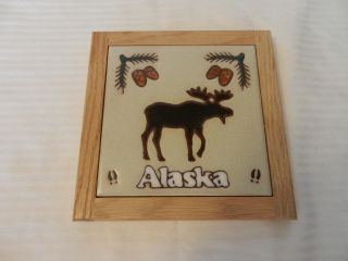 Alaska Ceramic Tile Trivet Or Wall Hanging In Wood Frame With Moose,  Pine Cones