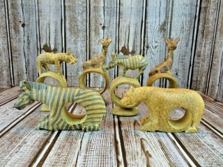 Set Of 6 Hand Carved Wooden African Safari Animal Napkin Ring Holders Stands Up