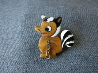 Vintage Cute Dangle Chain Painted Wooden Little Skunk Pin