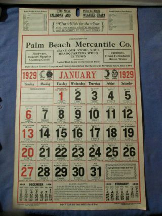 Vintage 1929 Palm Beach Fl Mercantile Company Calendar With Florida Map