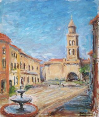 Vintage French Oil Painting On Board,  Piazza In Italy,  Church & Fountain,  Signed