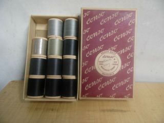 Vintage Conso Wood Spool Sewing Thread Blacks And Greys Box
