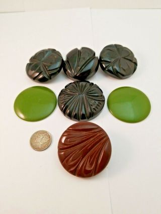Vintage Bakelite Carved Buttons And Green Disk