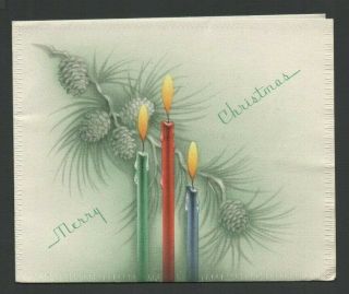 Vintage Christmas Card Green Red & Blue Candles & Pine Cones