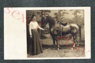 Lady Holding Reins Of Studio Prop Horse - Circa 1915 Rppc Photo Grade 5