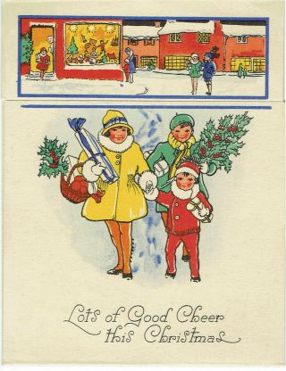 Vintage Christmas Greetings Card Children Carrying Holly & Christmas Presents
