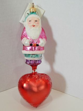 Christopher Radko Christmas Ornament Pink Santa Claus On Red Heart Flocked