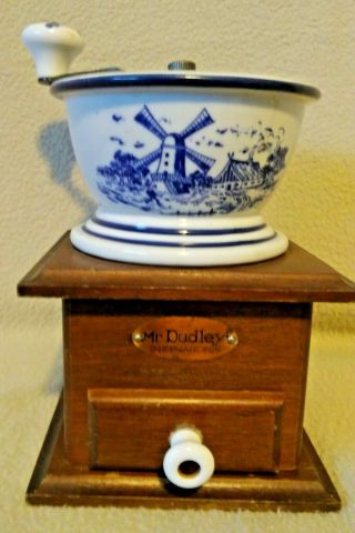 Vintage Mr.  Dudley International Coffee Grinder Ceramic With Blue Windmill