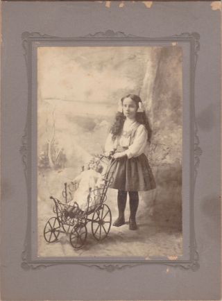 Cabinet Card Victorian Era Photo Of Cute Little Girl With Toy Doll And Carriage
