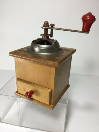 Vintage German Hand Crank Coffee Spice Grinder.  Solid Wood Base & Drawer