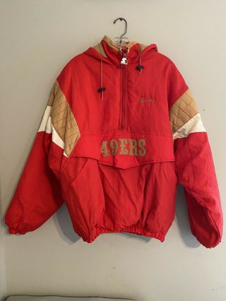 Vintage Starter San Francisco 49ers Puffer Jacket Coat Hood Large Sf Red