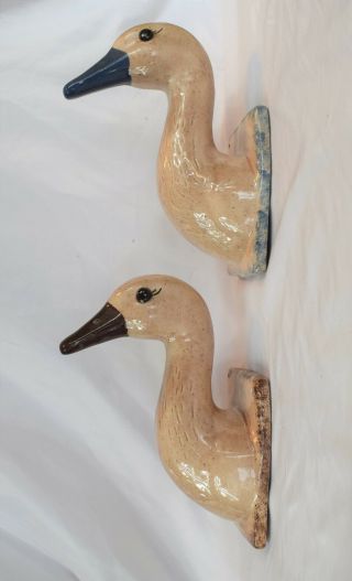 Large Vintage Pair Ceramic Country Goose Duck Head Wall Mount Towel Hook Hangers