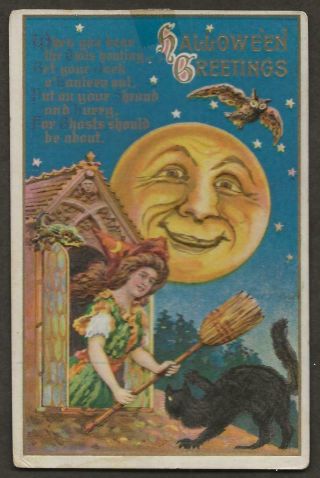 Postcard Halloween Winsch Witch Man In The Moon Black Cat
