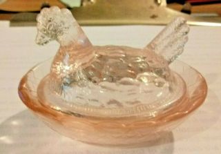 Vintage Pink Iridescent Glass Hen Or Chicken On Nest Basket Small Salt Pill Dish