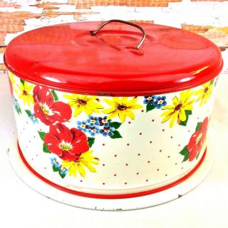 Vintage Mid Century Tin Cake Carrier Red & White Floral Polka Dots Locking Top