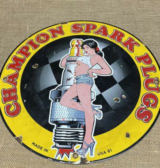 Vintage 1961 Champion Spark Plug Porcelain Sign Gas Station Oil Pump Pinup