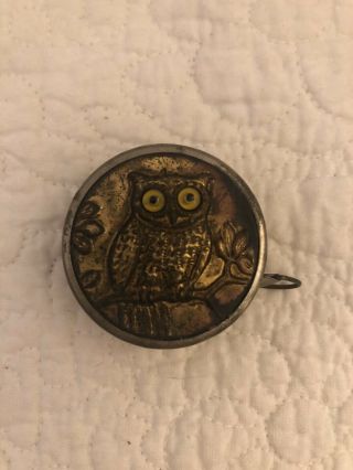 Vintage Germany Figural Metal Tape Measure - Owl W/ Glass Eyes