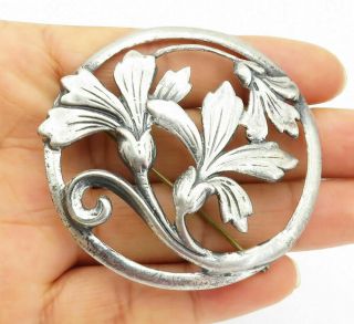 925 Sterling Silver - Vintage Antique Sculpted Flowers Round Brooch Pin - Bp3904