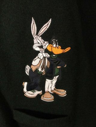 Vtg Looney Tunes Men ' s Wool Cardigan Sweater Bugs Bunny Daffy Duck Sz XL 2