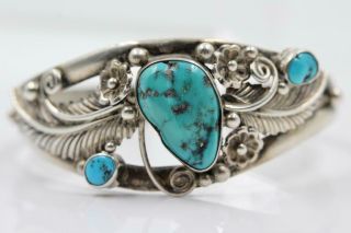 Navajo Vintage Signed Harvey Sterling Silver Turquoise Cuff Bracelet For Repair