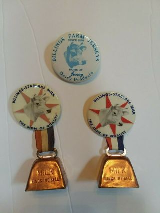 3 Vintage Billings Starlake Milk Farm Jerseys Woodstock Vermont Dairy Pins