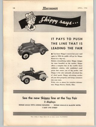 1936 Paper Ad Skippy Pedal Car Racer Toy A I Root Wood Toys Dump Truck Toyland