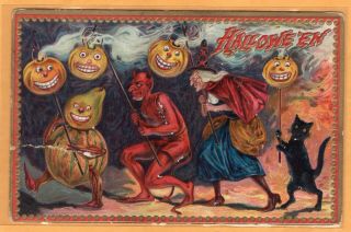 Vintage Halloween Postcard,  Tuck,  Embossed,  Devil,  Witch,  Black Cat Jol 