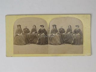 Man & Three Women At Table - Outdoor Studio - C1860s Stereoview