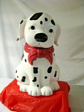 Ceramic Dalmatian Dog / Puppy Cookie Jar With Red Ribbon Black & White