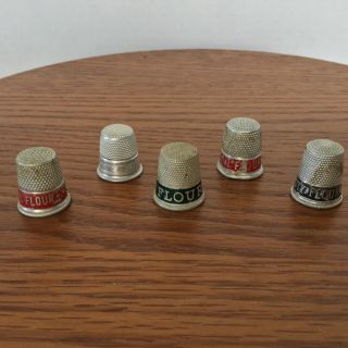 5 Vtg Flour Advertising Metal Thimbles: I - H;lilywhite;ambeauty;redwing;voigt’s