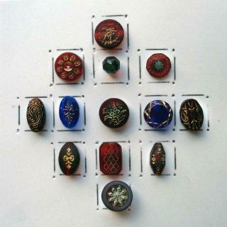 13 Antique Ruby Glass Buttons / Two Cobalt