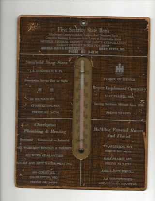 Vintage International Harvester & Bank & Funeral Home Thermometer Charleston,  Mo