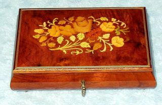 Vintage Italy Inlaid Wood Footed Music Jewelry Box W/key - Fur Elise Vgc