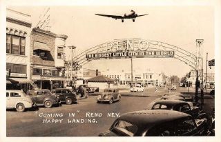 Rppc Reno,  Nv " Happy Landing " Airplane Arch Street Scene C1940s Vintage Postcard