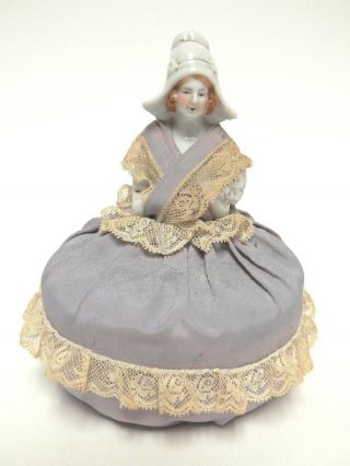 Vintage Porcelain Pin Cushion Doll Dressed In Vintage Clothing May Be German