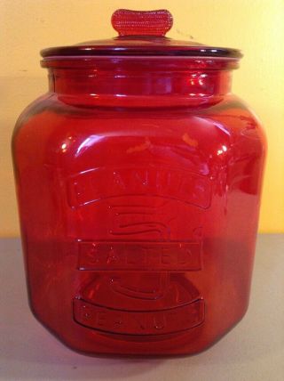Vintage Red Glass 5 Cent Large Salted Peanuts Jar Container With Lid