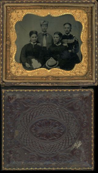 1/6 Plate Tintype Of Four Sisters In Half Case,  Scan Shows Back Half Case