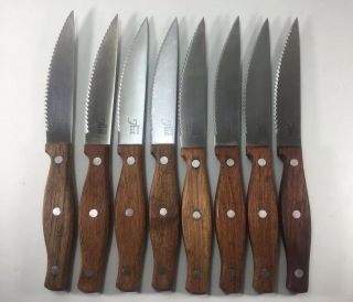 8 Ekco Flint Stainless Steak Knives Wide Blades Wood Handle Serrated