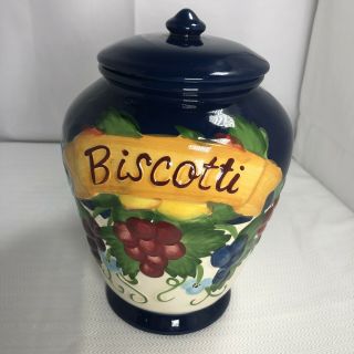 Hand Painted Biscotti 8” Cookie Jar - Blue W/ Fruit Design - Air Tight Seal