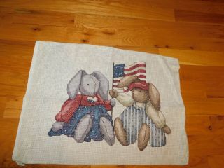 Patriotic Bunnies Cross Stitch Panel Completed Handmade Large 27 X 22 " Usa Flag