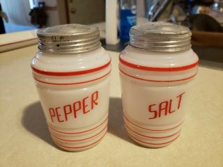 Vintage White Milk Glass Salt & Pepper Shakers Red Stripe White Milkglass