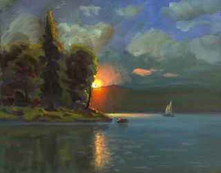 Painting Landscape Oil Vintage Signed Impressionist Art Sun Clouds 901 Max Cole