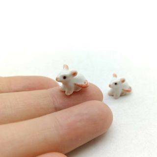 2 Tiny White Rat Mouse Mice Ceramic Figurine Animal Statue Miniature - Cck063