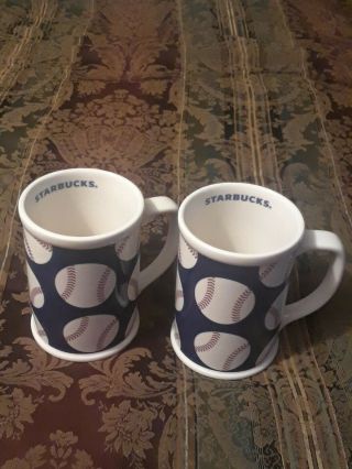 Set Of 2 Starbucks Baseball Coffee Mugs 16 Oz Cups 2007 Red White Navy Blue