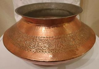 Large Vintage Hammered Copper Pot Container Tinned Water Vessel Planter